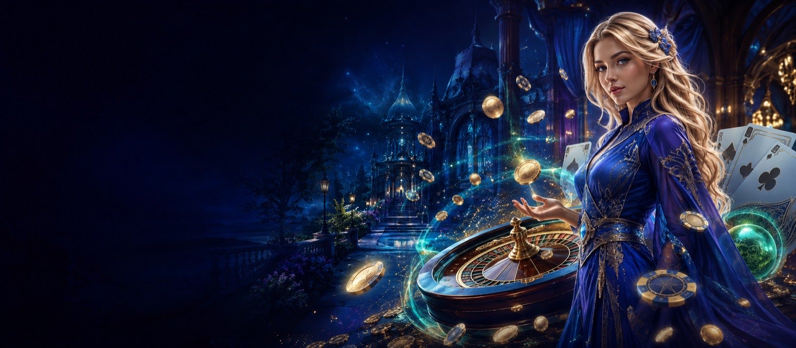 Büyülü casino festivalinde kartlar, jetonlar ve fantastik karakterler